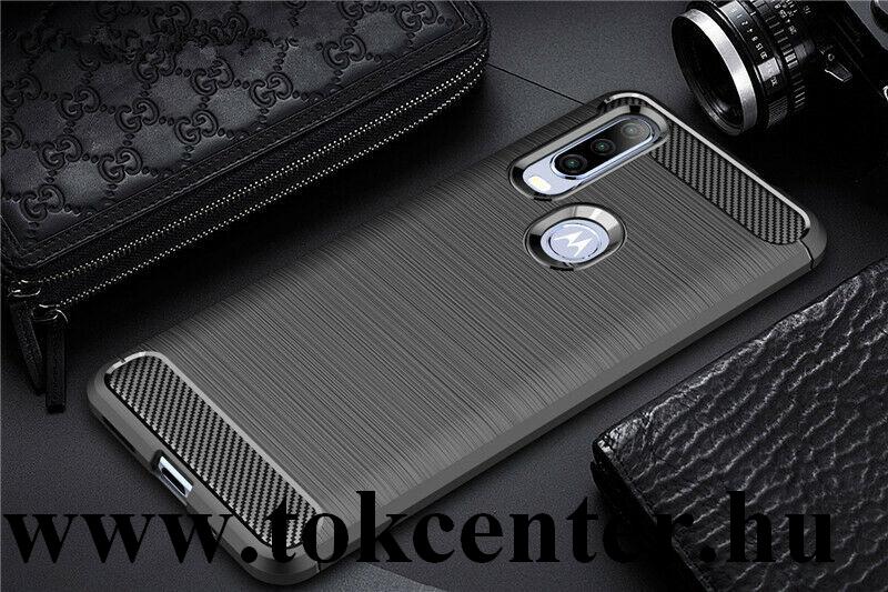 Motorola One Action (XT2013) Szilikon telefonvédő (közepesen ütésálló, légpárnás sarok, szálcsiszolt, karbon minta) FEKETE