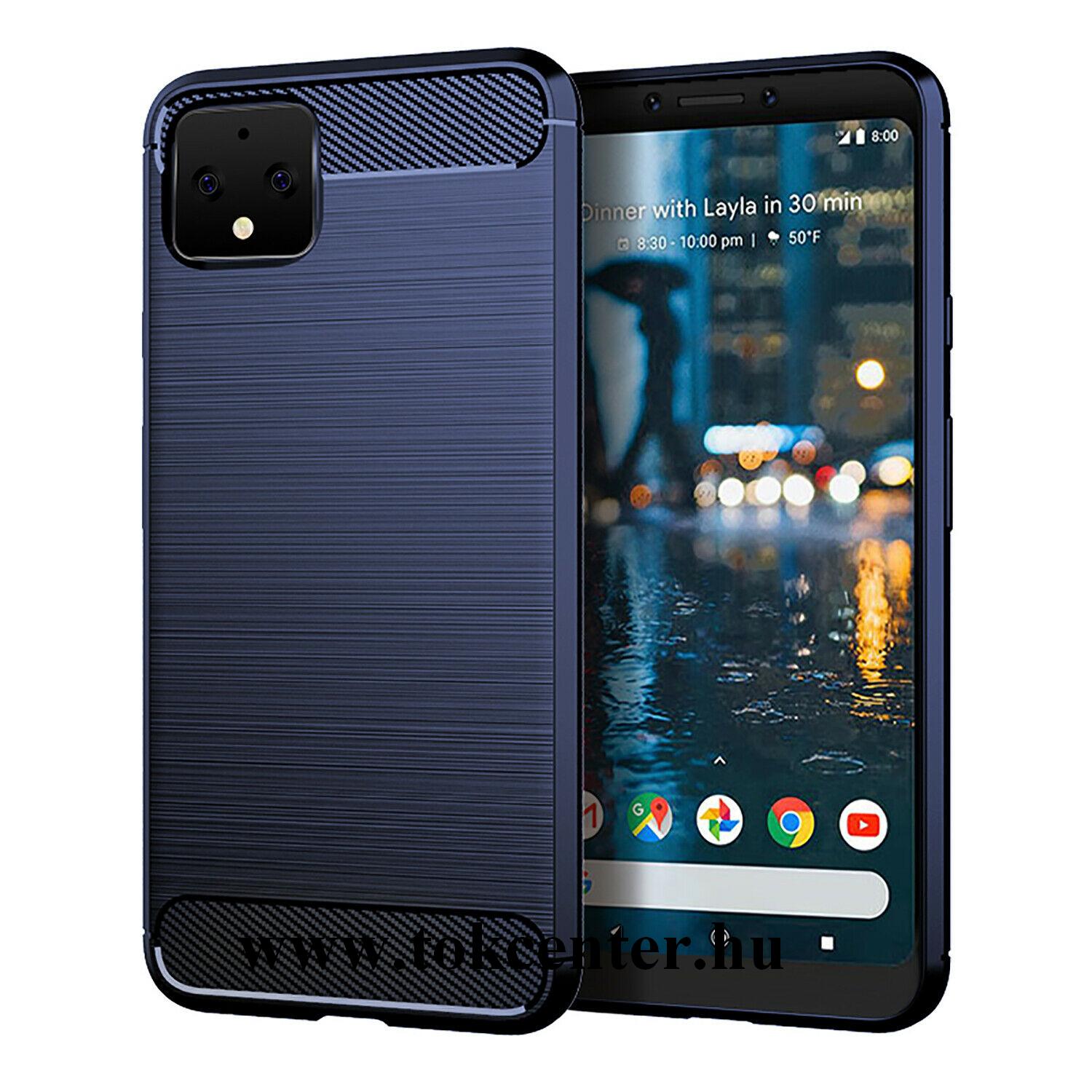 Google Pixel 4 Szilikon telefonvédő (közepesen ütésálló, légpárnás sarok, szálcsiszolt, karbon minta) SÖTÉTKÉK
