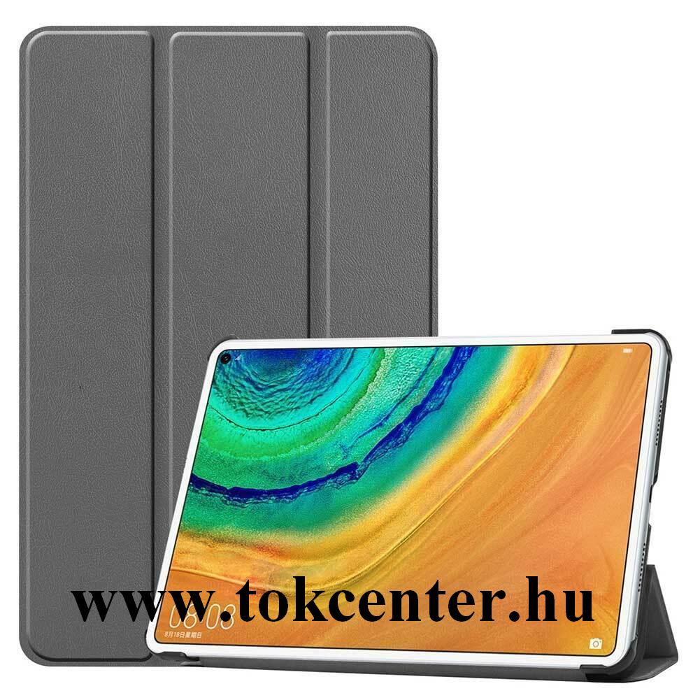 Huawei MatePad Pro LTE (MRX-AL19) / Huawei MatePad Pro WIFI (MRX-W19) Tok álló, bőr hatású (FLIP, oldalra nyíló, TRIFOLD asztali tartó funkció) SZÜRKE