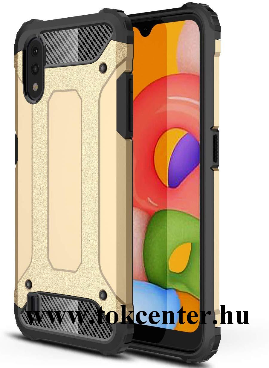 Samsung Galaxy A01 (SM-A015F) Defender műanyag telefonvédő (közepesen ütésálló, légpárnás sarok, szilikon belső, fémhatás) ARANY
