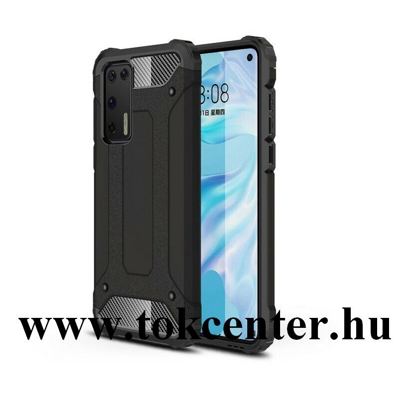 Huawei P40 Defender műanyag telefonvédő (közepesen ütésálló, légpárnás sarok, szilikon belső, fémhatás) FEKETE