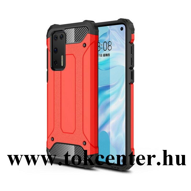 Huawei P40 Defender műanyag telefonvédő (közepesen ütésálló, légpárnás sarok, szilikon belső, fémhatás) PIROS
