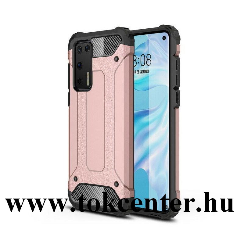 Huawei P40 Defender műanyag telefonvédő (közepesen ütésálló, légpárnás sarok, szilikon belső, fémhatás) ROZÉARANY
