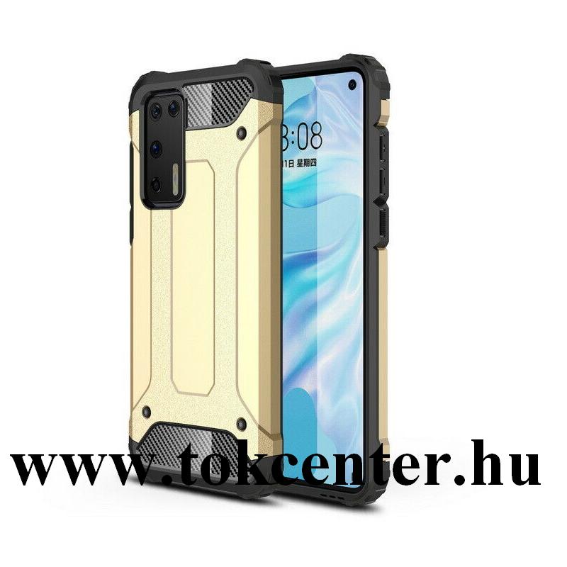 Huawei P40 Defender műanyag telefonvédő (közepesen ütésálló, légpárnás sarok, szilikon belső, fémhatás) ARANY