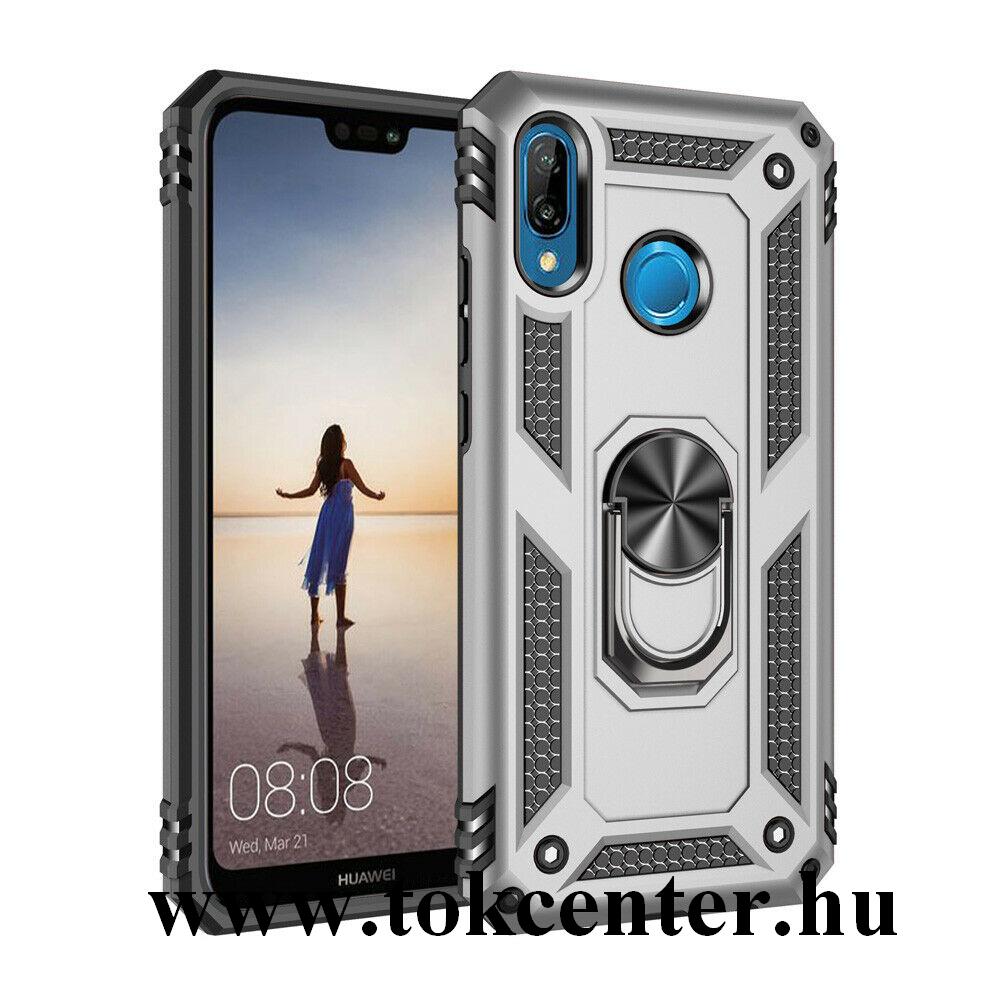Huawei P20 Lite Defender műanyag telefonvédő (közepesen ütésálló, szilikon belső, telefontartó gyűrű, beépített fémlemez) EZÜST