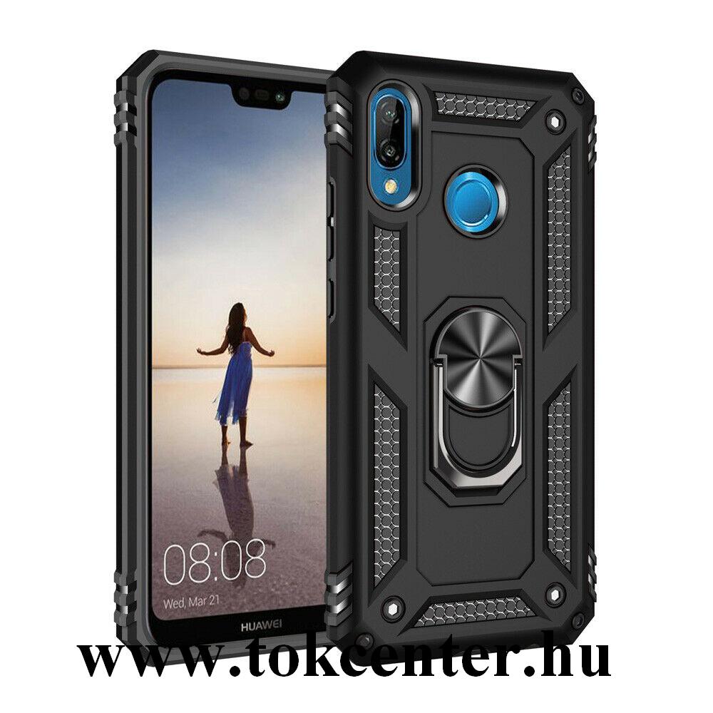Huawei P20 Lite Defender műanyag telefonvédő (közepesen ütésálló, szilikon belső, telefontartó gyűrű, beépített fémlemez) FEKETE
