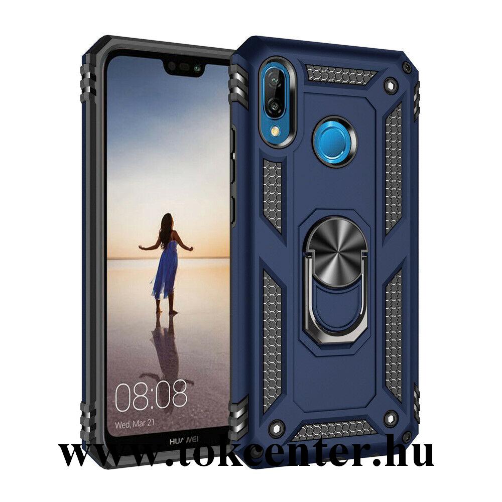 Huawei P20 Lite Defender műanyag telefonvédő (közepesen ütésálló, szilikon belső, telefontartó gyűrű, beépített fémlemez) SÖTÉTKÉK