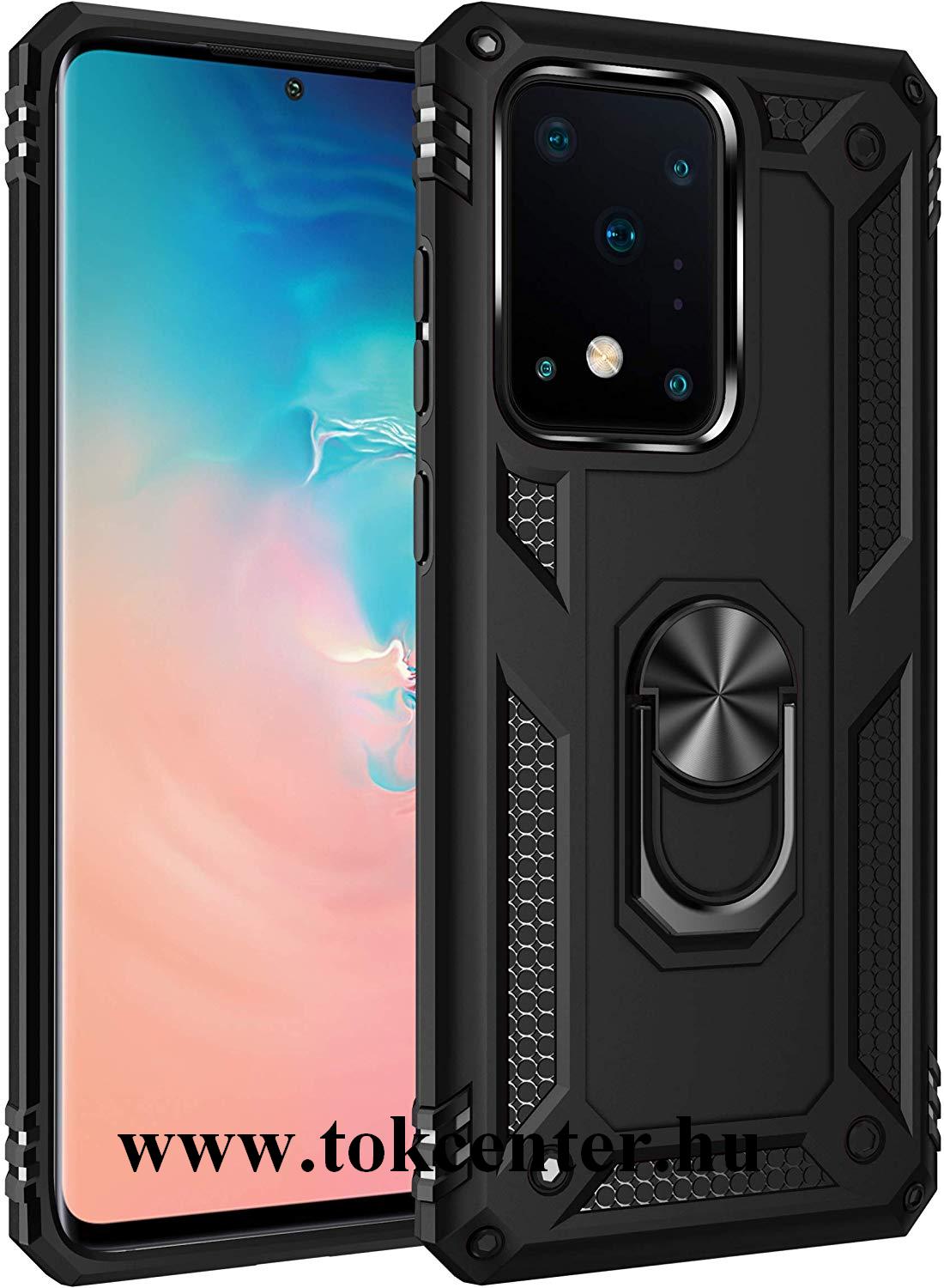Samsung Galaxy S20 Ultra (SM-G988F) Defender műanyag telefonvédő (közepesen ütésálló, szilikon belső, telefontartó gyűrű, beépített fémlemez) FEKETE