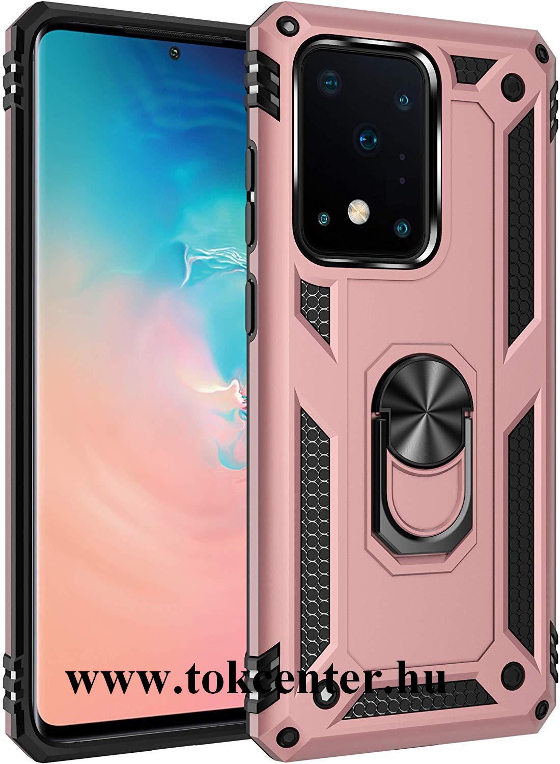 Samsung Galaxy S20 Ultra (SM-G988F) Defender műanyag telefonvédő (közepesen ütésálló, szilikon belső, telefontartó gyűrű, beépített fémlemez) ROZÉARANY
