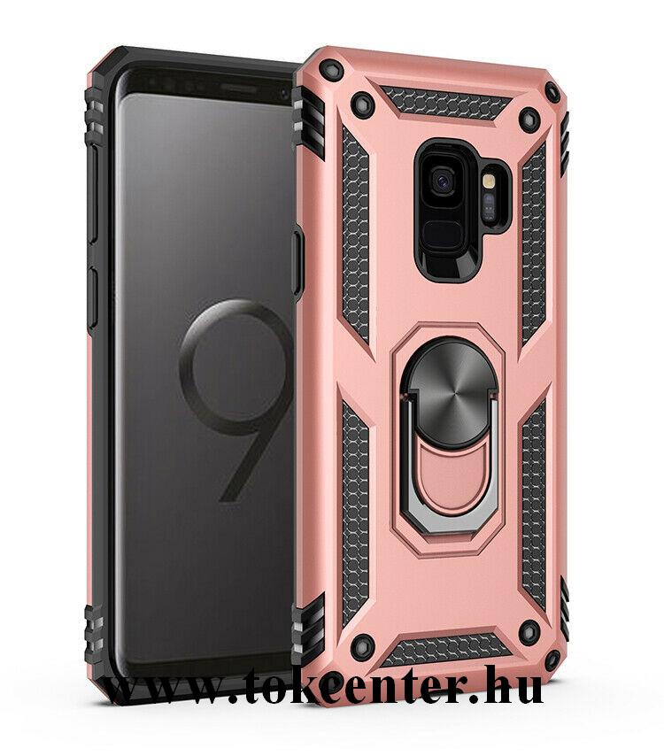 Samsung Galaxy S9 Plus (SM-G965) Defender műanyag telefonvédő (közepesen ütésálló, szilikon belső, telefontartó gyűrű, beépített fémlemez) ROZÉARANY