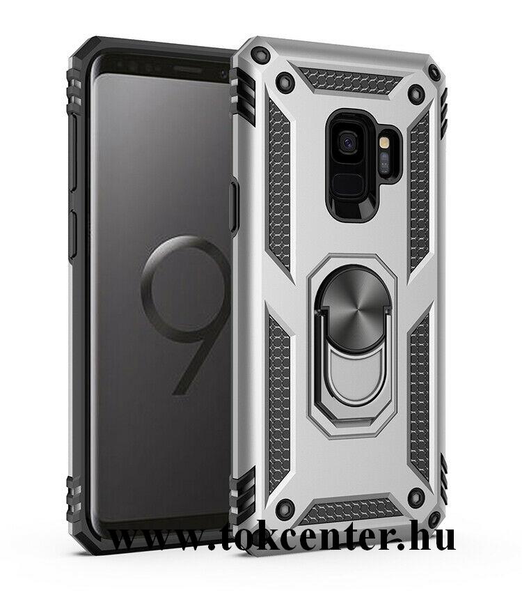 Samsung Galaxy S9 (SM-G960) Defender műanyag telefonvédő (közepesen ütésálló, szilikon belső, telefontartó gyűrű, beépített fémlemez) EZÜST
