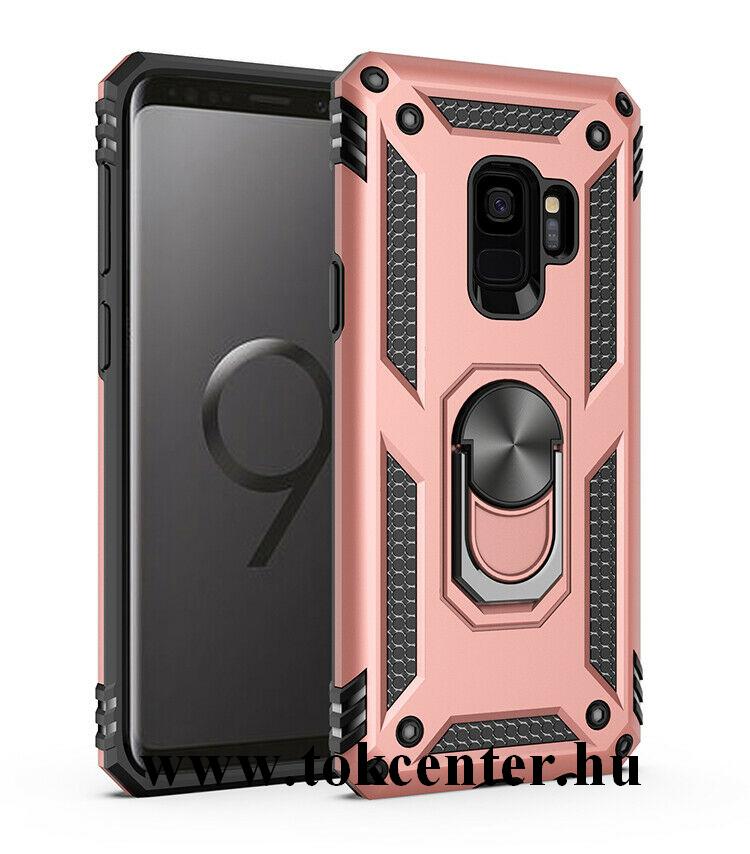 Samsung Galaxy S9 (SM-G960) Defender műanyag telefonvédő (közepesen ütésálló, szilikon belső, telefontartó gyűrű, beépített fémlemez) ROZÉARANY
