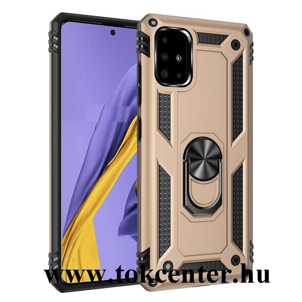 Samsung Galaxy A51 (SM-A515F) Defender műanyag telefonvédő (közepesen ütésálló, szilikon belső, telefontartó gyűrű, beépített fémlemez) ARANY