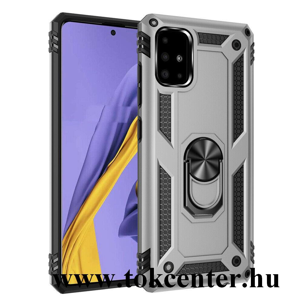 Samsung Galaxy A51 (SM-A515F) Defender műanyag telefonvédő (közepesen ütésálló, szilikon belső, telefontartó gyűrű, beépített fémlemez) EZÜST