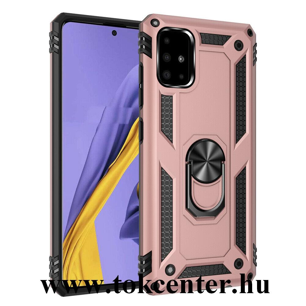 Samsung Galaxy A51 (SM-A515F) Defender műanyag telefonvédő (közepesen ütésálló, szilikon belső, telefontartó gyűrű, beépített fémlemez) ROZÉARANY