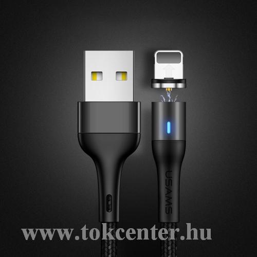 USAMS U32 adatkábel és töltő (lightning 8 pin, mágneses csatlakozó, 100 cm,gyorstöltés támogatás, cipőfűző minta) FEKETE