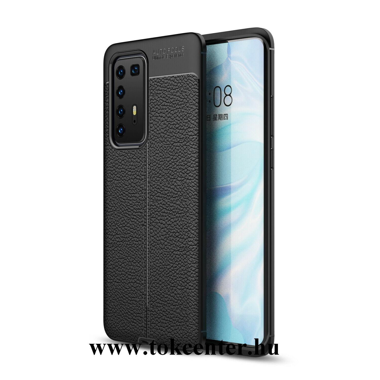 Huawei P40 Pro Szilikon telefonvédő (közepesen ütésálló, bőr hatású, varrás minta) FEKETE