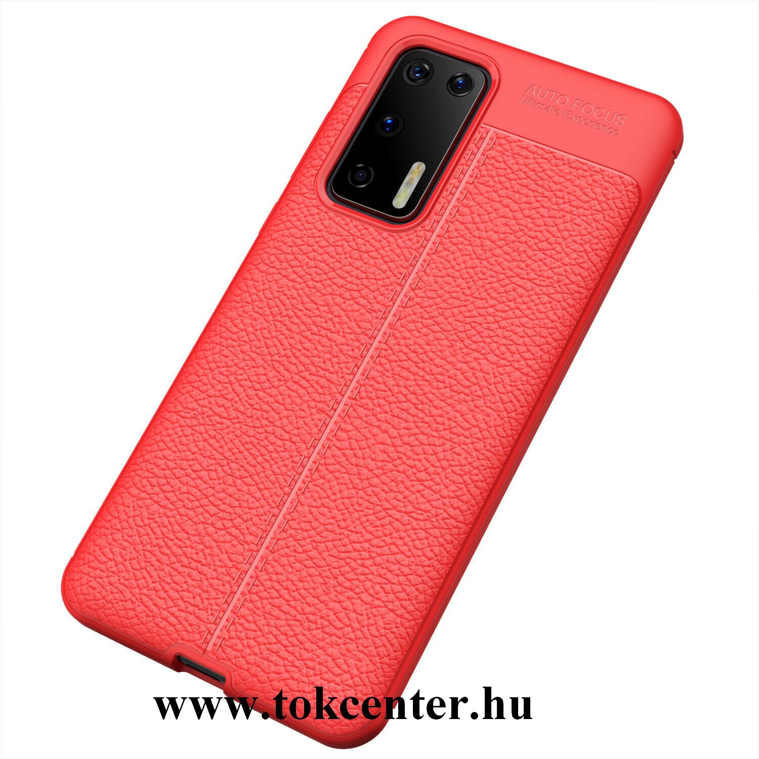 Huawei P40 Szilikon telefonvédő (közepesen ütésálló, bőr hatású, varrás minta) PIROS