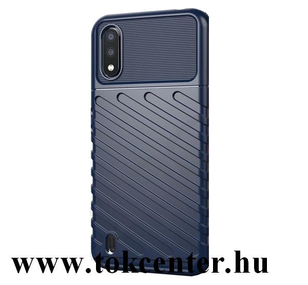 Samsung Galaxy A01 (SM-A015F) Szilikon telefonvédő (közepesen ütésálló, csíkos, dombor minta) SÖTÉTKÉK
