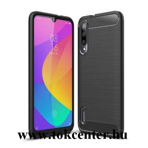 Xiaomi Mi A3 Lite Szilikon telefonvédő (közepesen ütésálló, légpárnás sarok, szálcsiszolt, karbon minta) FEKETE