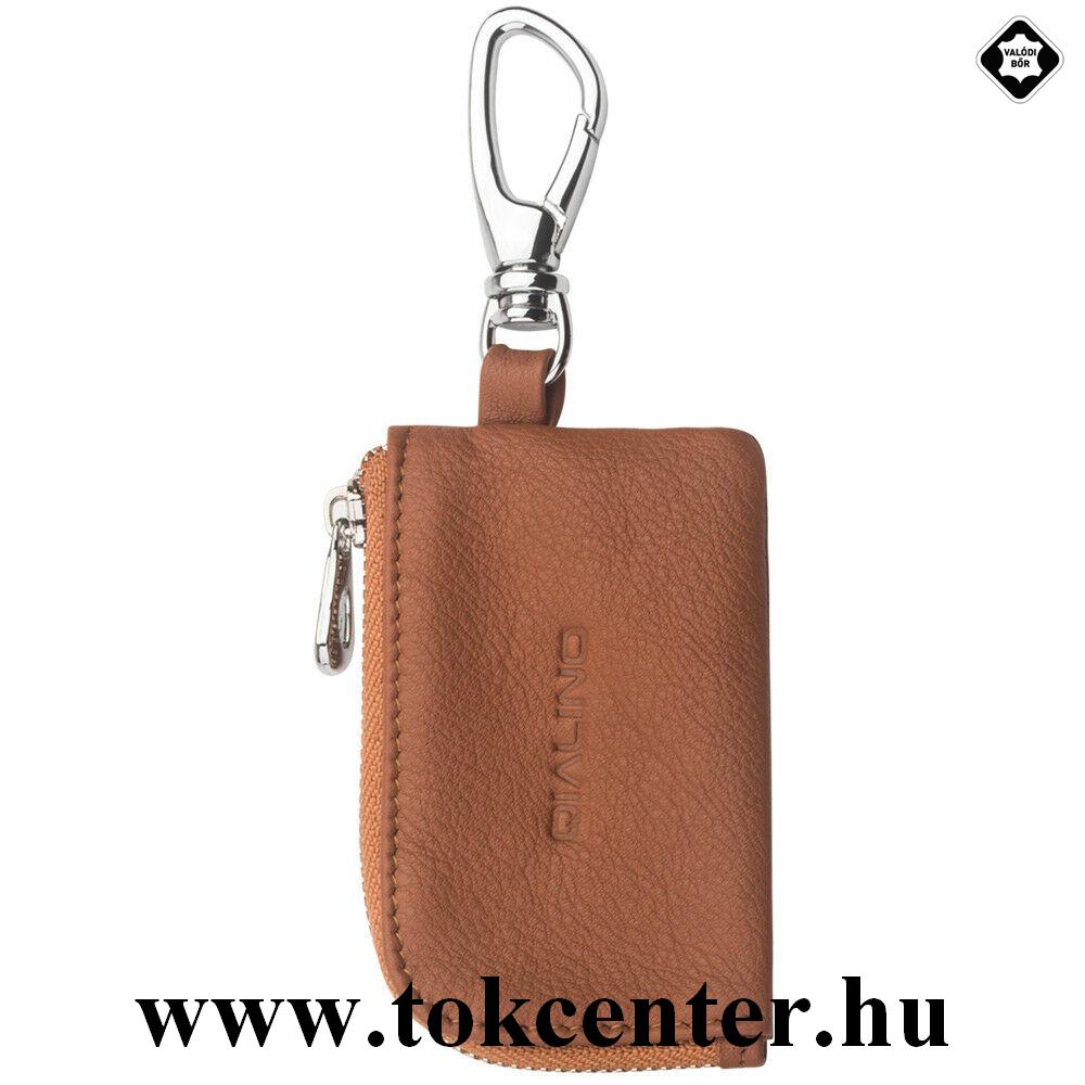 QIALINO valódi bőr tok (cipzáras, karabiner, Apple AirPods kompatibilis) BARNA