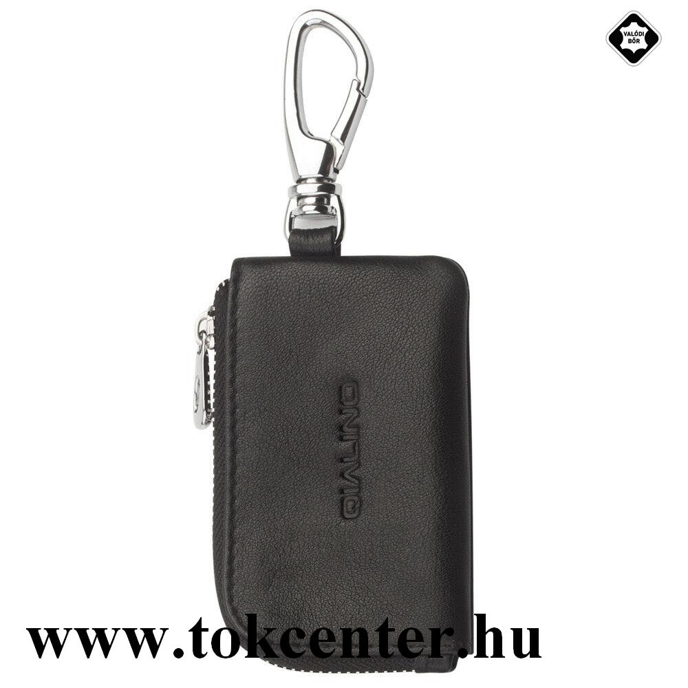 QIALINO valódi bőr tok (cipzáras, karabiner, Apple AirPods kompatibilis) FEKETE