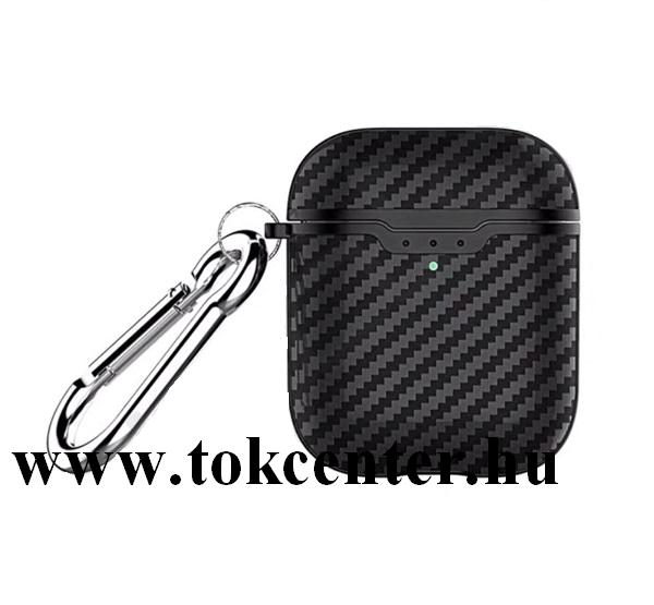 Szilikon tok (karbon minta + karabíner) FEKETE Apple AirPods / AirPods 2