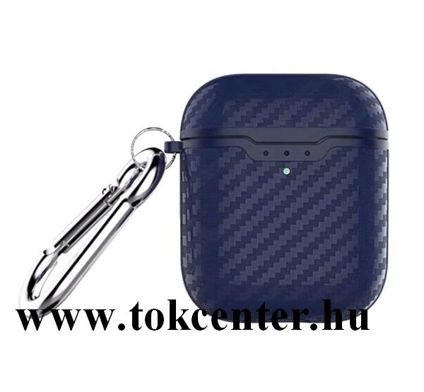 Szilikon tok (karbon minta + karabíner) SÖTÉTKÉK Apple AirPods / AirPods 2