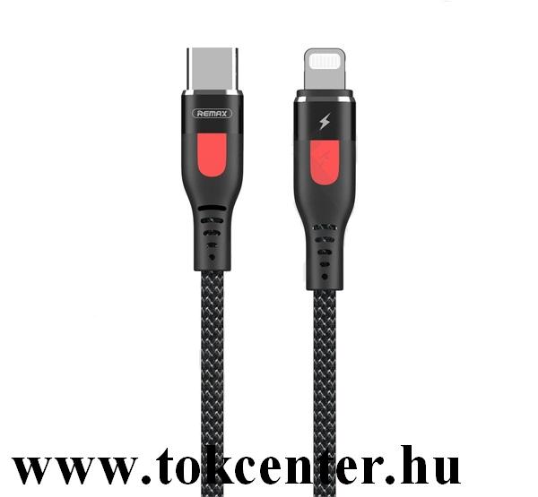 REMAX adatátvitel adatkábel és töltő (Type-C / lightning 8-pin, 100 cm, PD gyorstöltés támogatás, cipőfűző minta) FEKETE