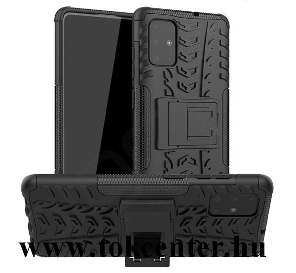 Samsung Galaxy A71 (SM-A715F) Defender műanyag telefonvédő (közepesen ütésálló, szilikon belső, kitámasztó, autógumi minta) FEKETE