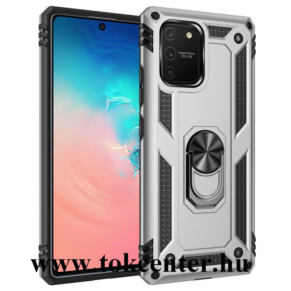 Samsung Galaxy S10 Lite (SM-G770F) Defender műanyag telefonvédő (közepesen ütésálló, szilikon belső, telefontartó gyűrű, beépített fémlemez) EZÜST
