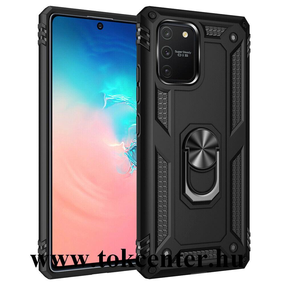 Samsung Galaxy S10 Lite (SM-G770F) Defender műanyag telefonvédő (közepesen ütésálló, szilikon belső, telefontartó gyűrű, beépített fémlemez) FEKETE