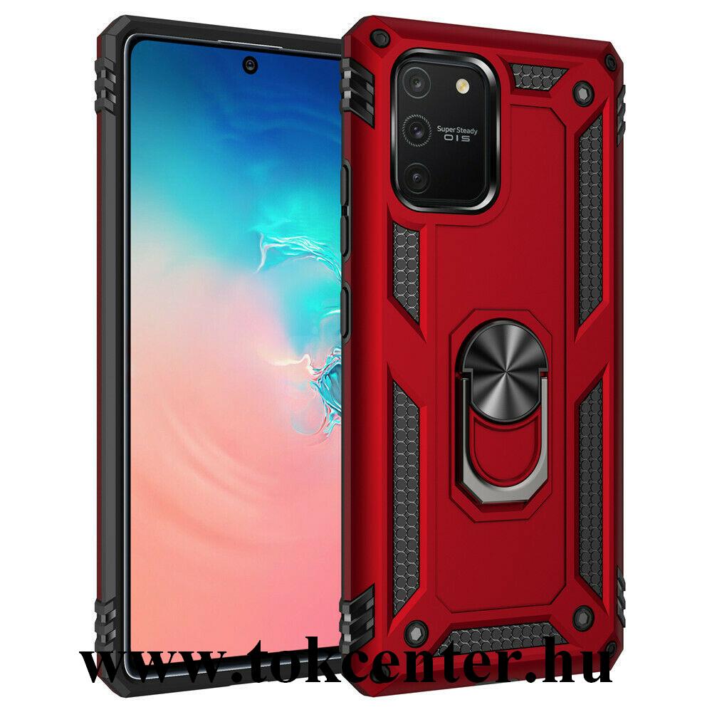 Samsung Galaxy S10 Lite (SM-G770F) Defender műanyag telefonvédő (közepesen ütésálló, szilikon belső, telefontartó gyűrű, beépített fémlemez) PIROS
