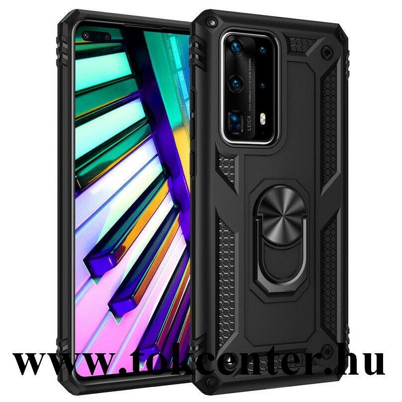 Huawei P40 Defender műanyag telefonvédő (közepesen ütésálló, szilikon belső, telefontartó gyűrű, beépített fémlemez) FEKETE