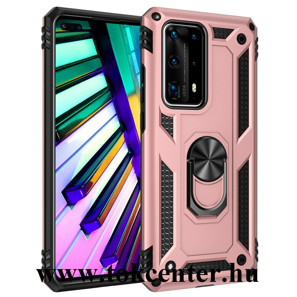 Huawei P40 Defender műanyag telefonvédő (közepesen ütésálló, szilikon belső, telefontartó gyűrű, beépített fémlemez) ROZÉARANY