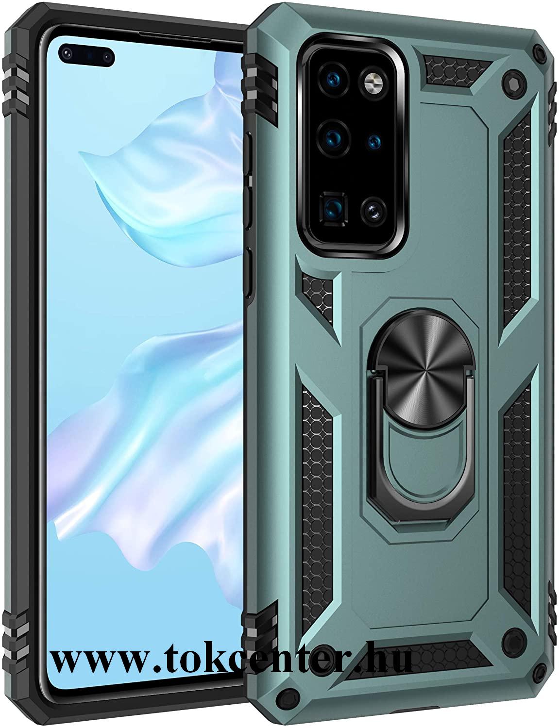 Huawei P40 Defender műanyag telefonvédő (közepesen ütésálló, szilikon belső, telefontartó gyűrű, beépített fémlemez) ZÖLD