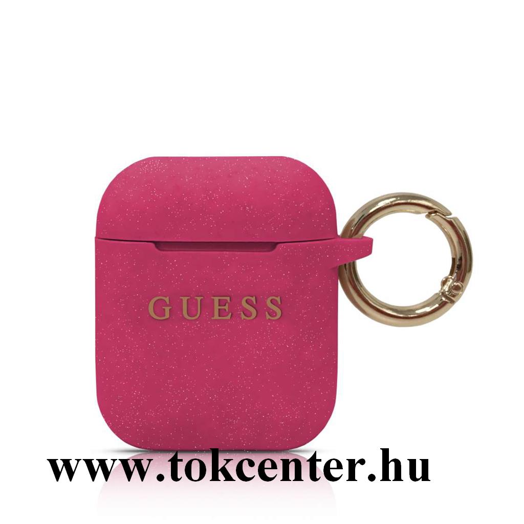 Apple AirPods / AirPods 2 (GUACCSILGLFU) GUESS szilikon tok (karabíner, csillámporos) MAGENTA