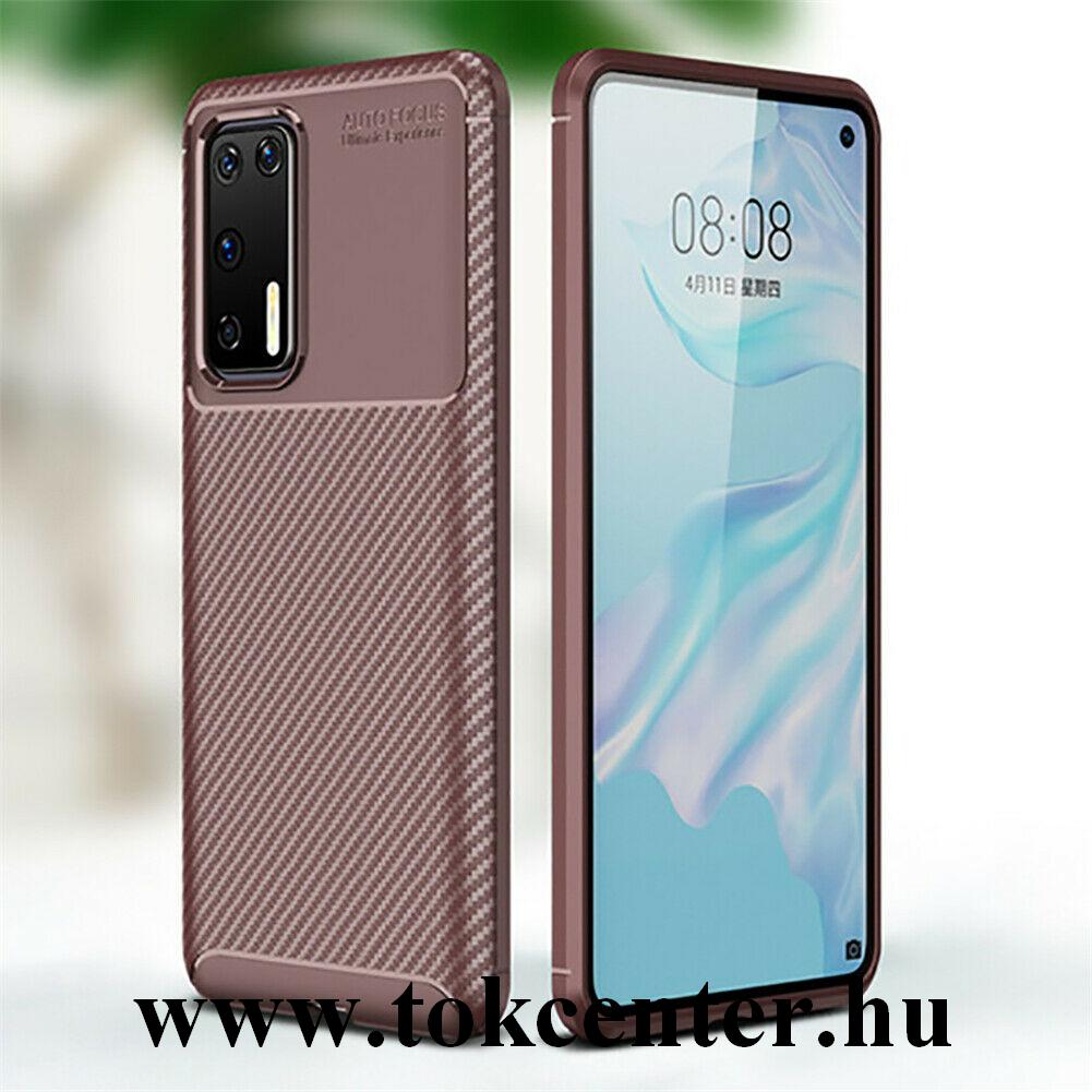 Huawei P40 Szilikon telefonvédő (közepesen ütésálló, légpárnás sarok, karbon minta) BARNA
