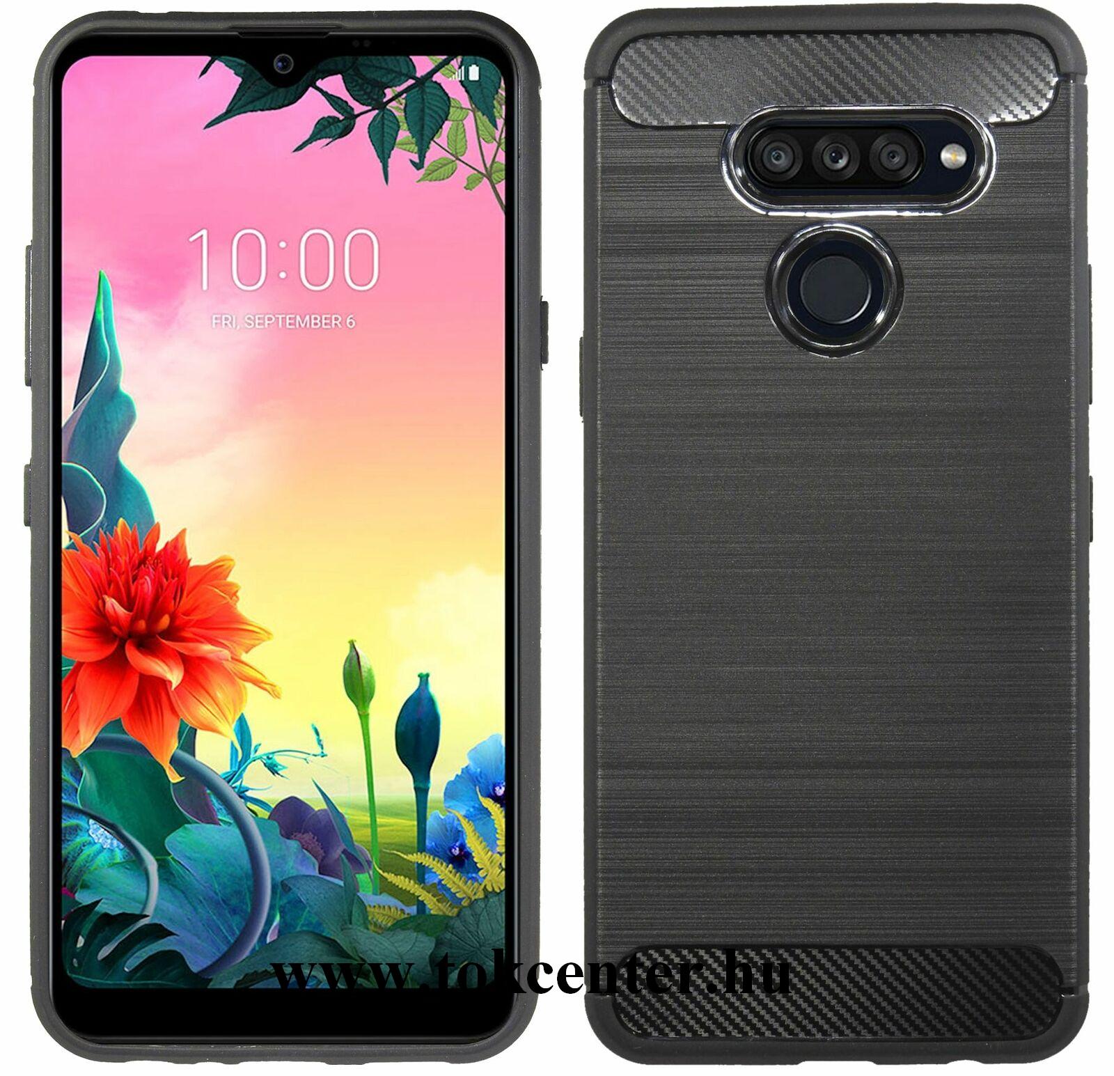LG K50S (LMX520EM) Szilikon telefonvédő (közepesen ütésálló, légpárnás sarok, szálcsiszolt, karbon minta) FEKETE