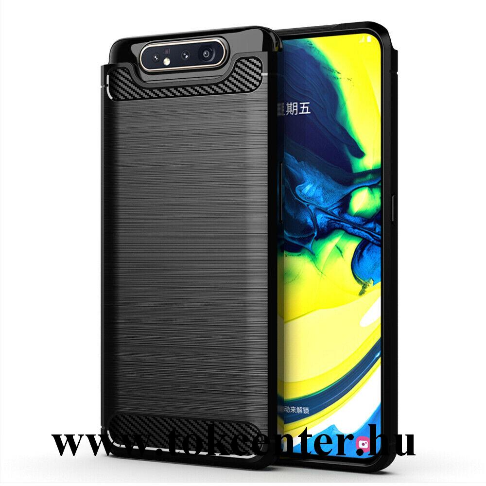 Samsung Galaxy A80 (SM-A805F) Szilikon telefonvédő (közepesen ütésálló, légpárnás sarok, szálcsiszolt, karbon minta) FEKETE