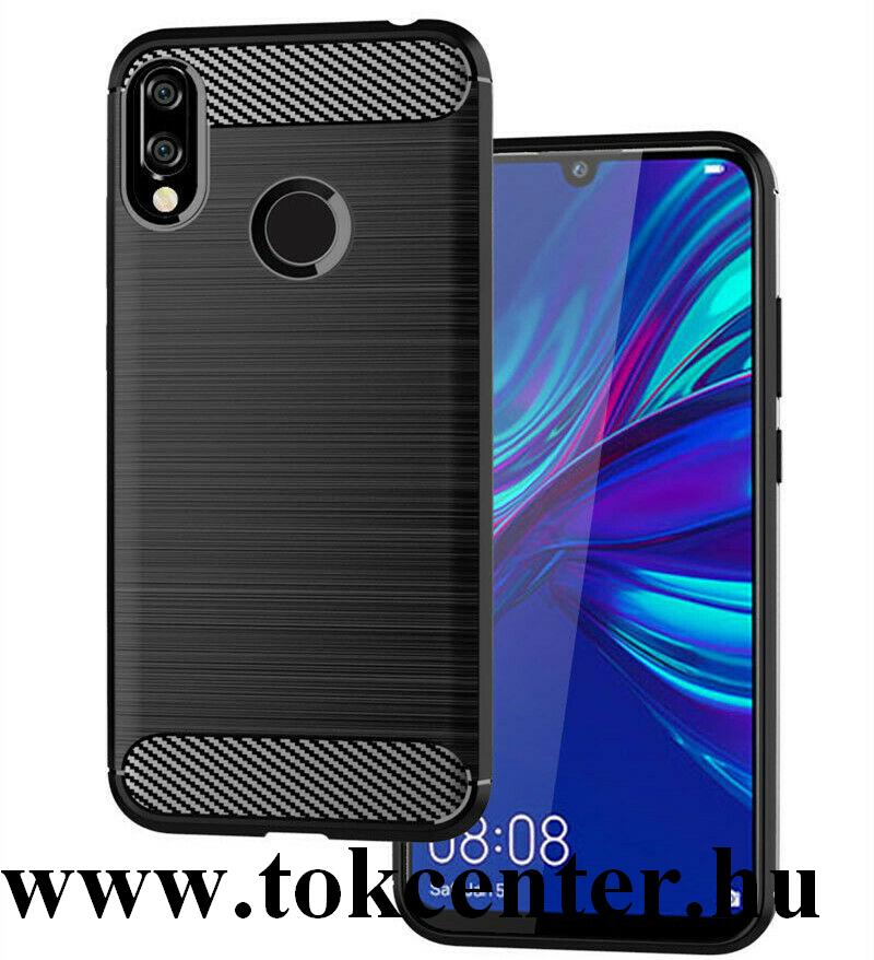 Huawei Y6 2019 (Y6 Prime 2019) Szilikon telefonvédő (közepesen ütésálló, légpárnás sarok, szálcsiszolt, karbon minta) FEKETE