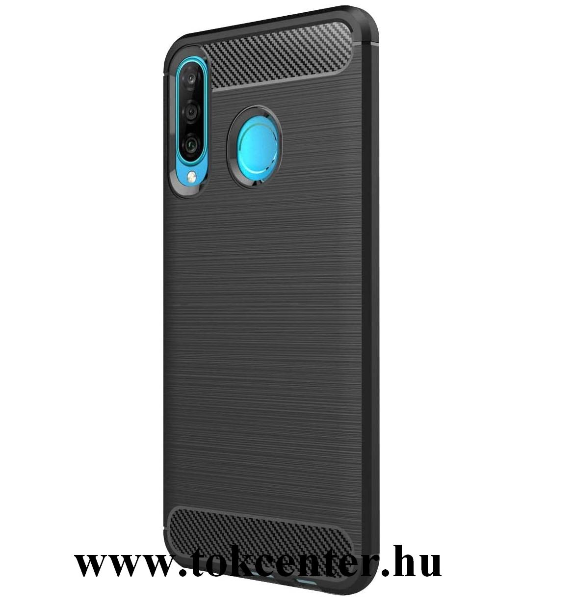 Huawei P30 Lite (Nova 4e) Szilikon telefonvédő (közepesen ütésálló, légpárnás sarok, szálcsiszolt, karbon minta) FEKETE