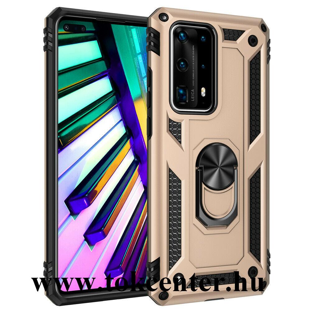 Huawei P40 Defender műanyag telefonvédő (közepesen ütésálló, szilikon belső, telefontartó gyűrű, beépített fémlemez) ARANY