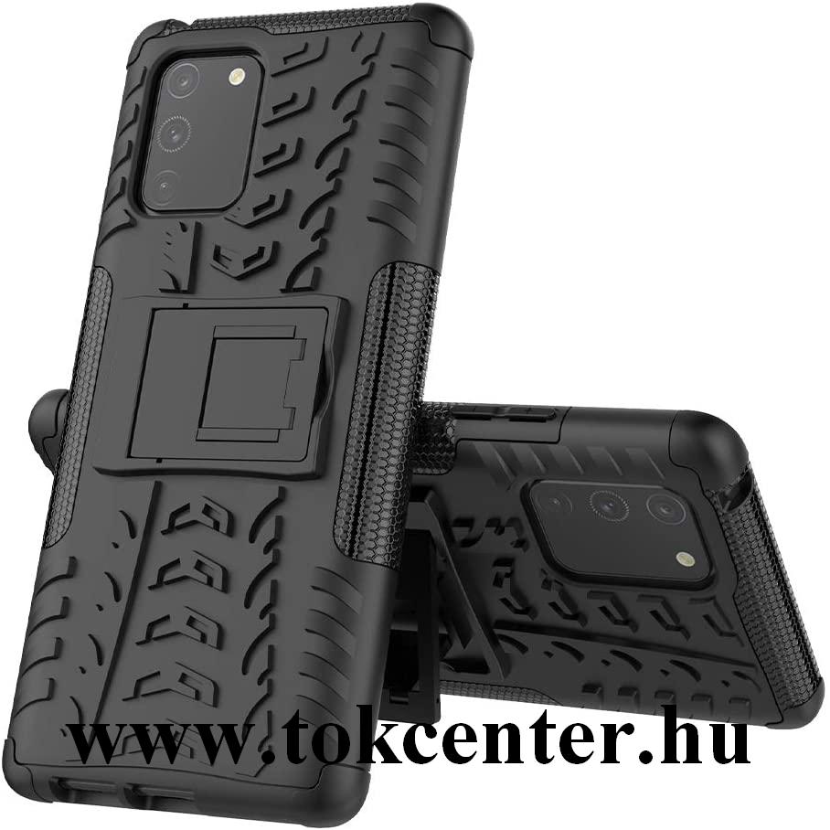 Samsung Galaxy S10 Lite (SM-G770F) Defender műanyag telefonvédő (közepesen ütésálló, szilikon belső, kitámasztó, autógumi minta) FEKETE