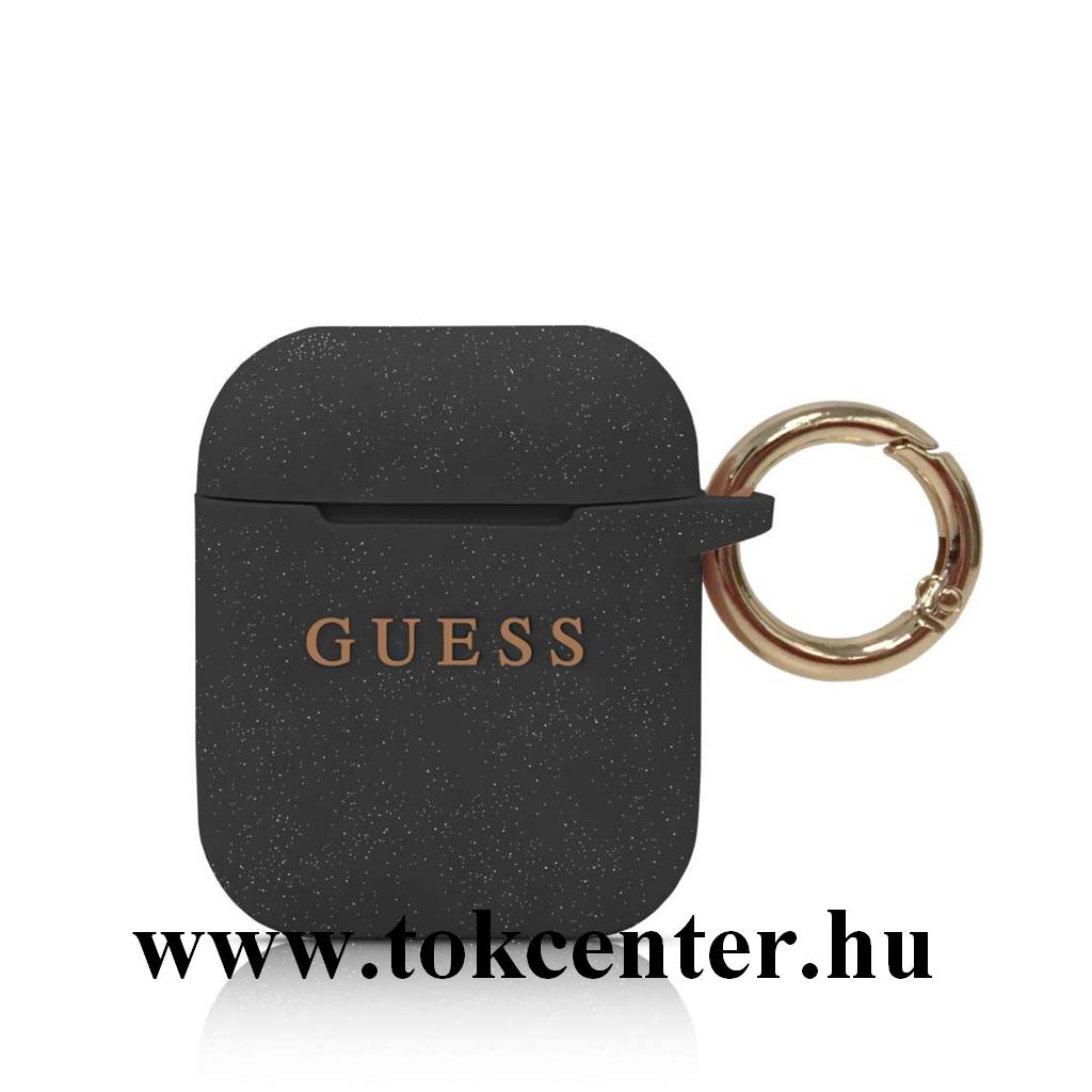 Apple AirPods / AirPods 2 GUESS szilikon tok (karabíner, csillámporos) FEKETE (GUACCSILGLBK)