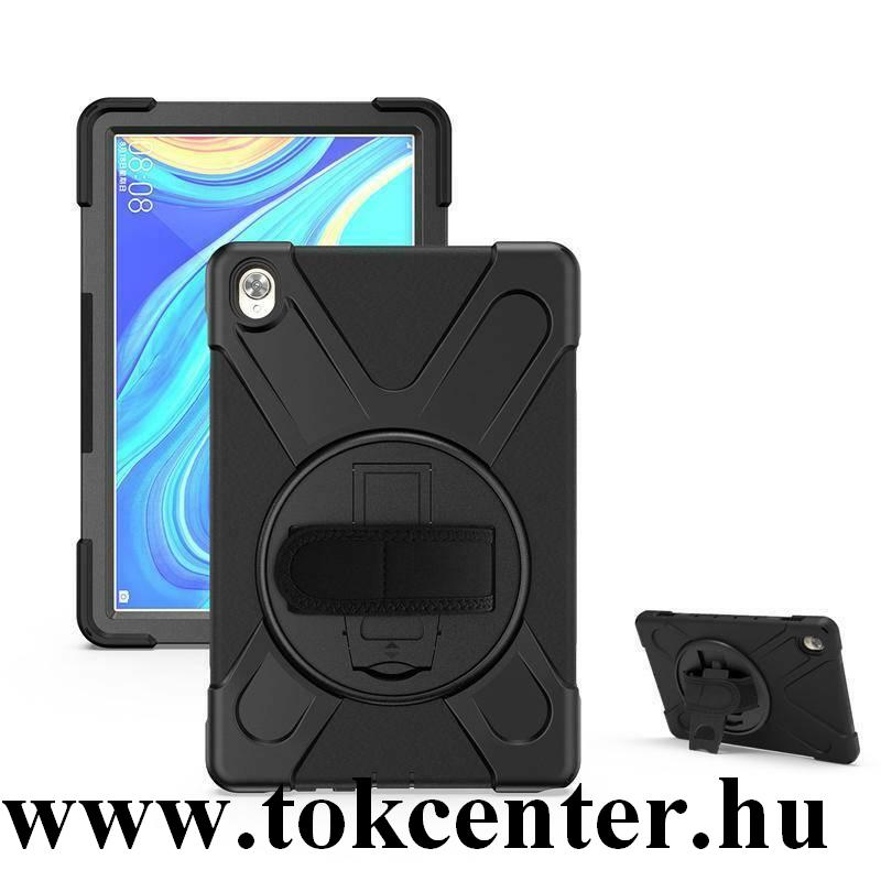Huawei MediaPad M6 10.8 LTE / Huawei MediaPad M6 10.8 WIFI Műanyag telefonvédő (kézpánt, közepesen ütésálló, kitámasztó, 360°-ban forgatható) FEKETE