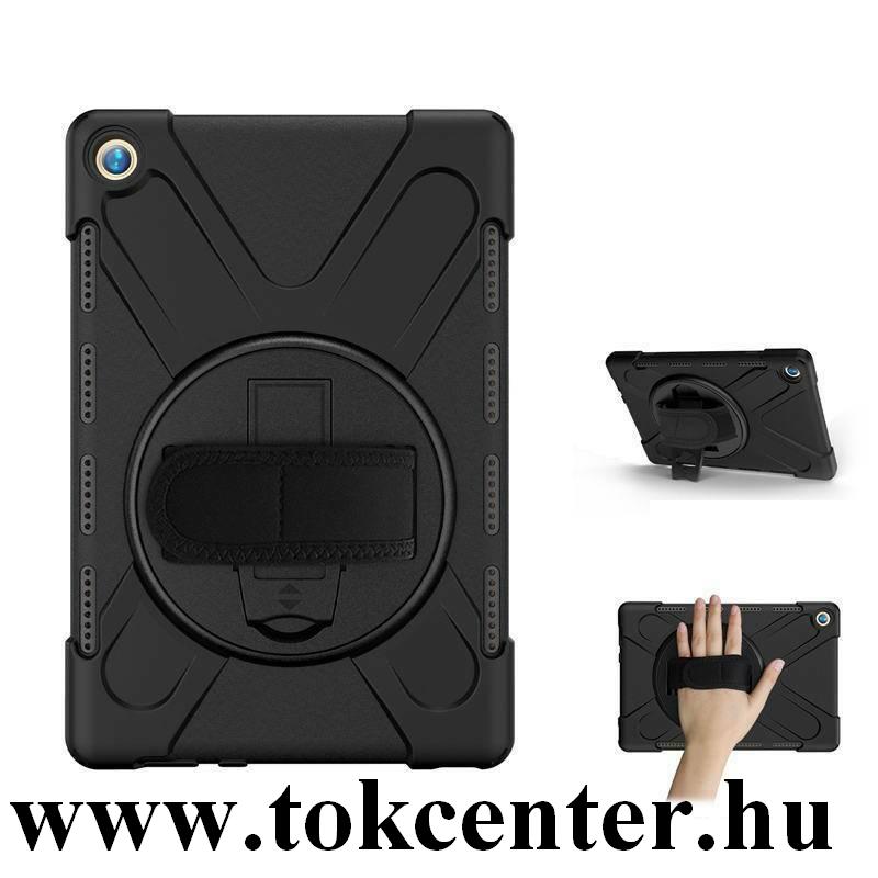 Huawei MediaPad M5 10.8 LTE / Huawei MediaPad M5 10.8 WIFI Műanyag telefonvédő (kézpánt, közepesen ütésálló, kitámasztó, 360°-ban forgatható) FEKETE