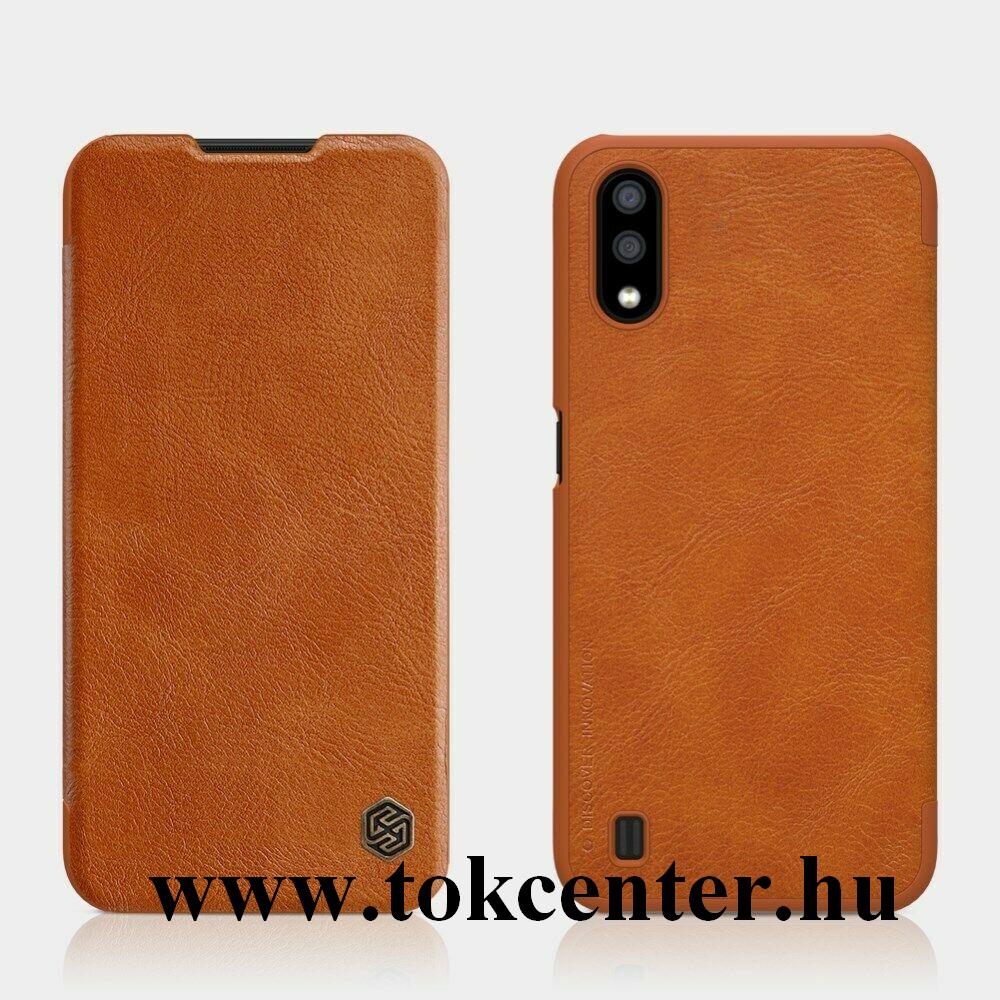 Samsung Galaxy A01 (SM-A015F) NILLKIN QIN tok álló, bőr hatású (FLIP, oldalra nyíló, bankkártya tartó) BARNA