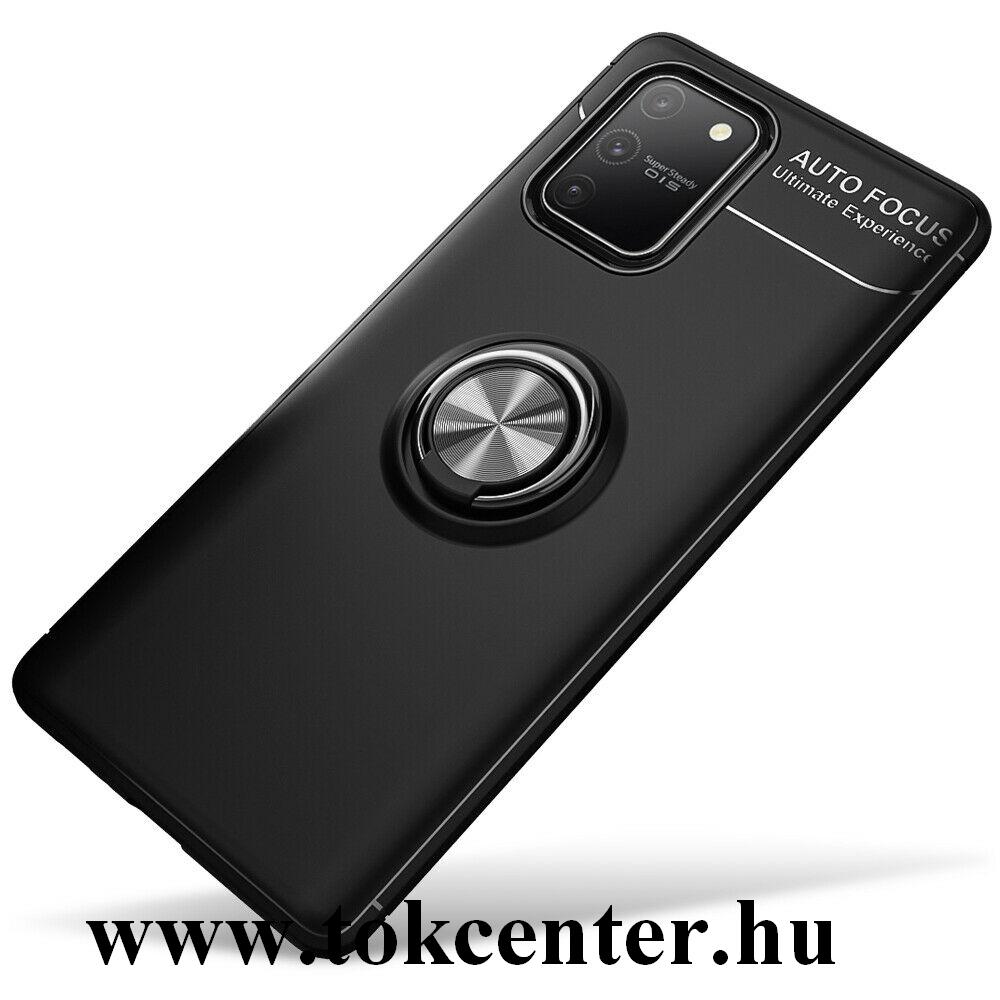 Samsung Galaxy S10 Lite (SM-G770F) Szilikon telefonvédő (asztali tartó funkció, telefontartó gyűrű, 360°-ban forgatható, beépített fémlemez) FEKETE