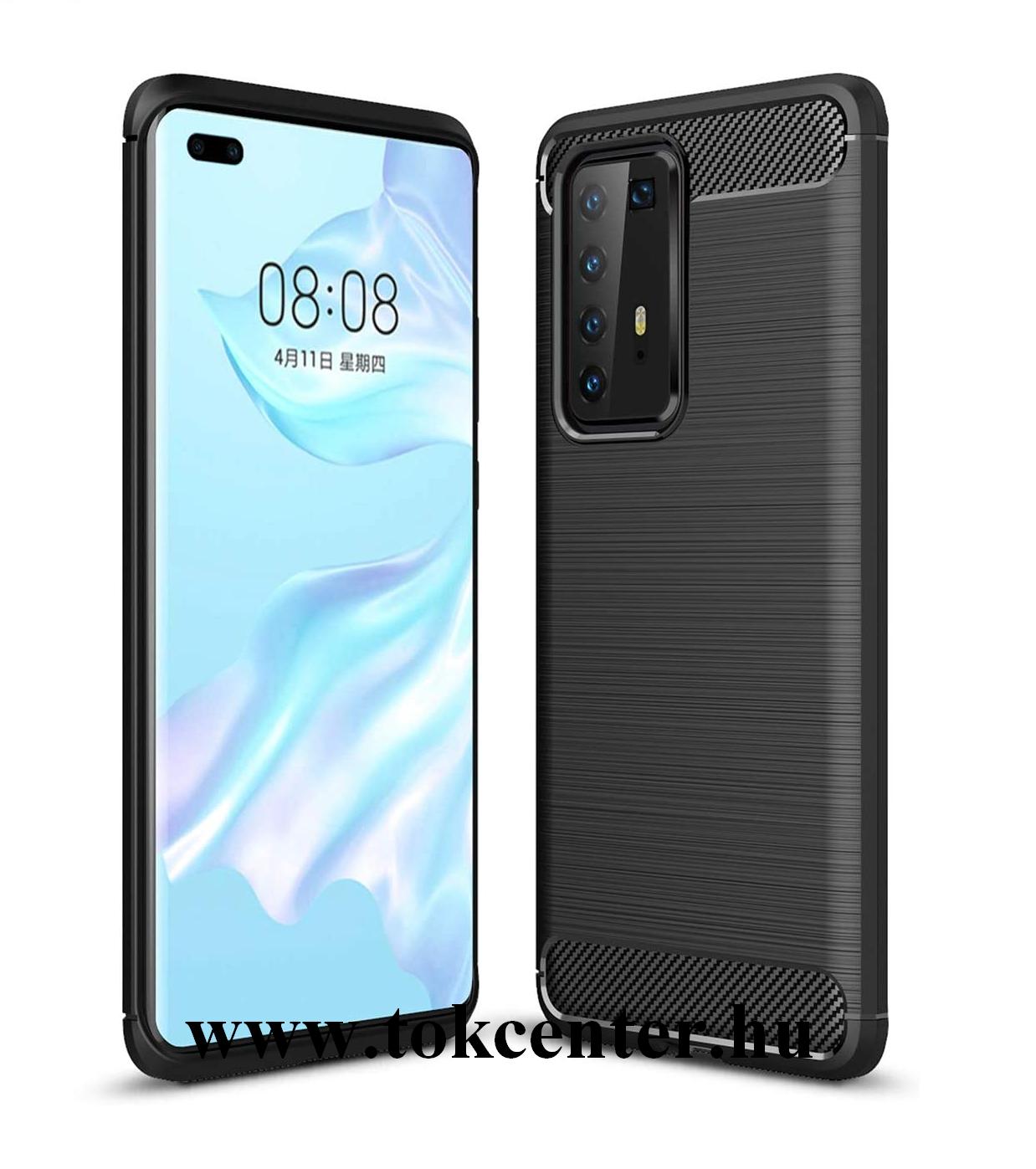 Huawei P40 Pro Szilikon telefonvédő (közepesen ütésálló, légpárnás sarok, szálcsiszolt, karbon minta) FEKETE